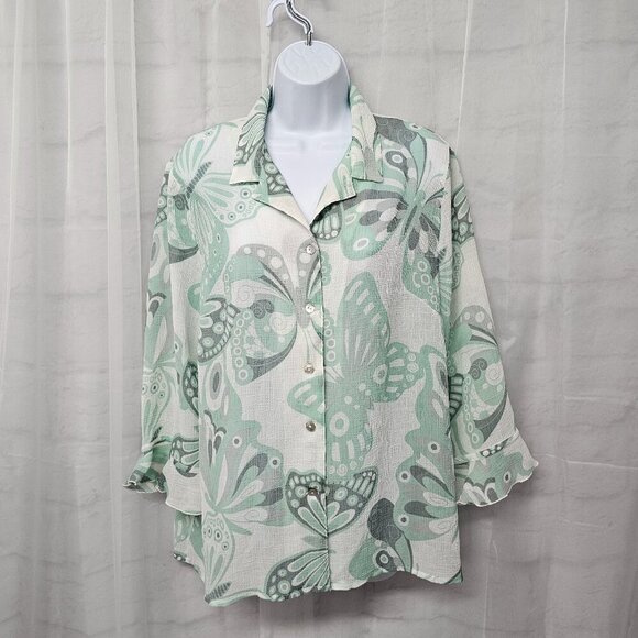 Alfred Dunner Blouse Green White Butterfly Ruffle Sheer Fairy 14 - Picture 1 of 12